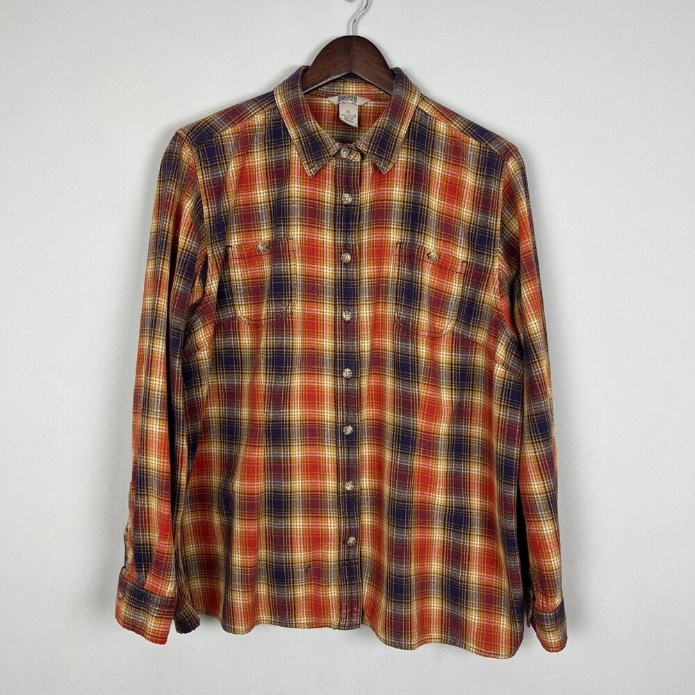 Duluth Trading Shirt Womens XL Gold Orange Plaid‎ Flannel Outdoors Free Swinging